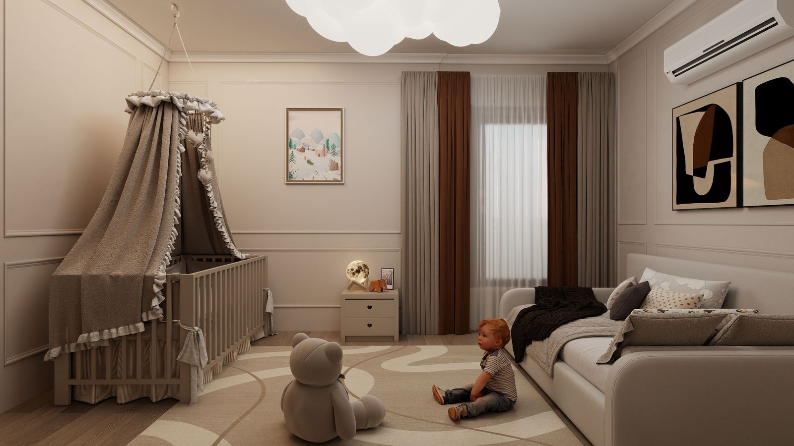 Neutral nursery with a canopy-draped crib, bedside cabinet, cloud ceiling light and a toddler on a patterned rug